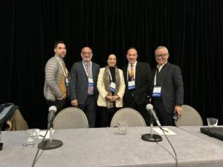 From left to right, Michael Meere (Paris College of Art), Farshid Hajir (University of Massachusetts Amherst), Mona Dhillon (Hult International Business School), Ryan Low (University of Maine), and Art Chang (NECHE public member and panel moderator).