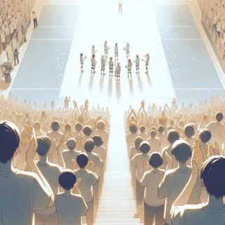 DALL·E 2024-05-23 11.46.03 - A minimalist anime style drawing of a high-angle shot of a crowd clapping and cheering as a volleyball team walks into the gymnasium. The scene captur